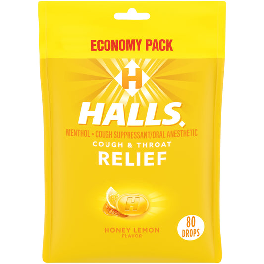 HALLS Relief Honey Lemon Cough Drops, Economy Pack, 80 Drops