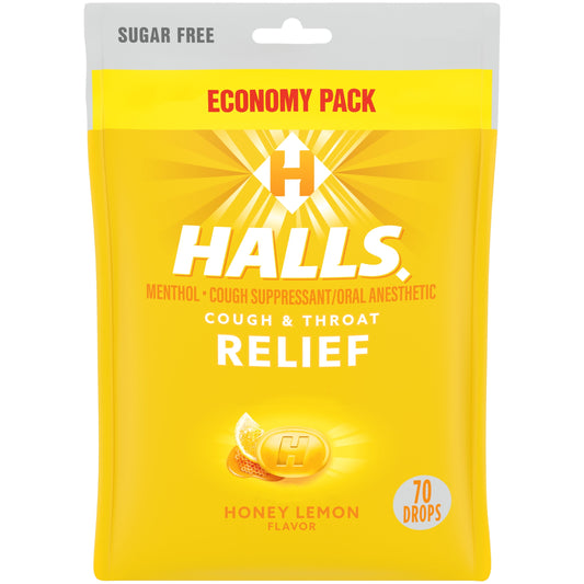 HALLS Relief Honey Lemon Sugar Free Cough Drops, Economy Pack, 70 Drops