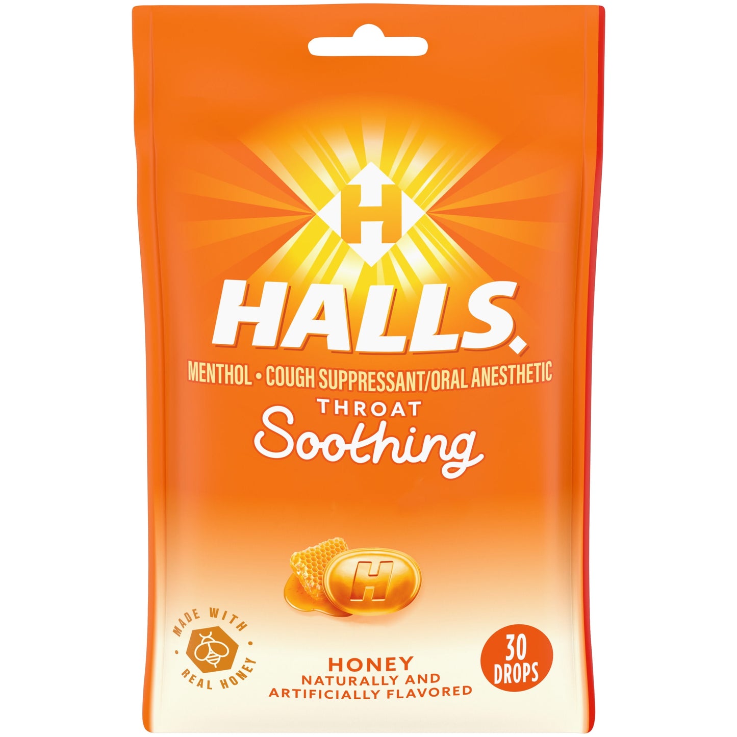 HALLS Throat Soothing Honey Cough Drops, 30 Drops