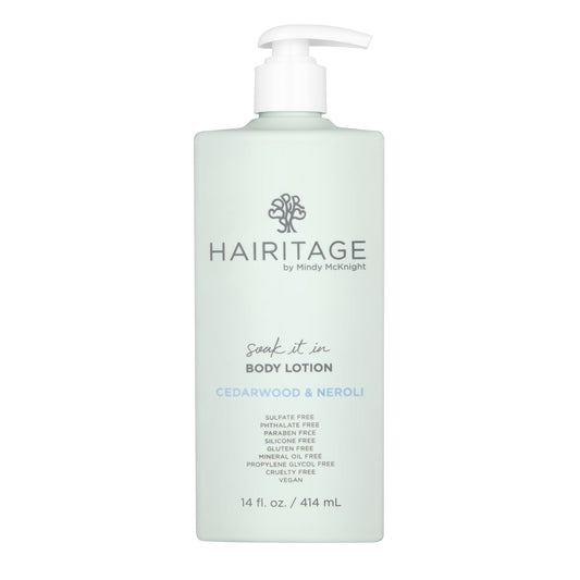Hairitage Soak It In Cedarwood & Neroli Scented Body Lotion | Niacinamide, Jojoba Oil, & Avocado Oil for All Skin Types | Rosemary & Orange Essential Oils, 14 fl oz