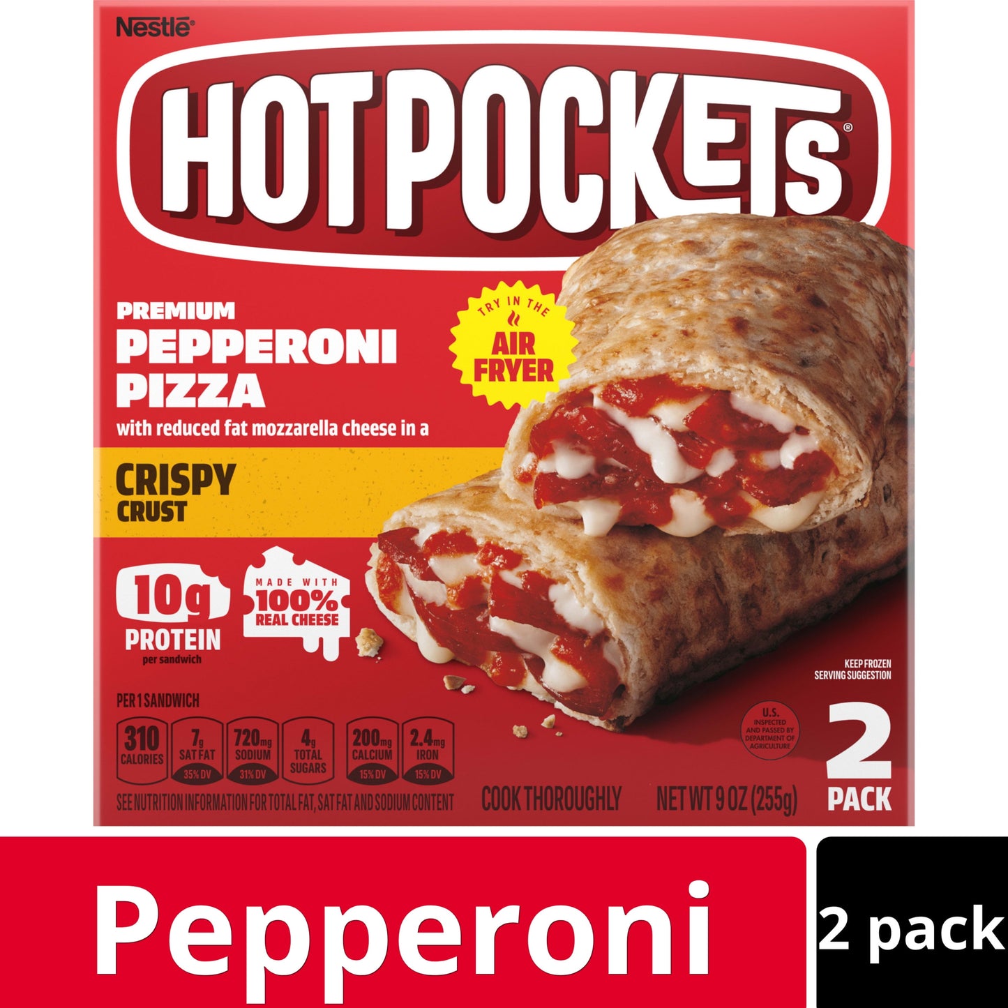 Hot Pockets Frozen Snacks, Pepperoni Pizza Crispy Crust, 2 Regular Sandwiches (Frozen)