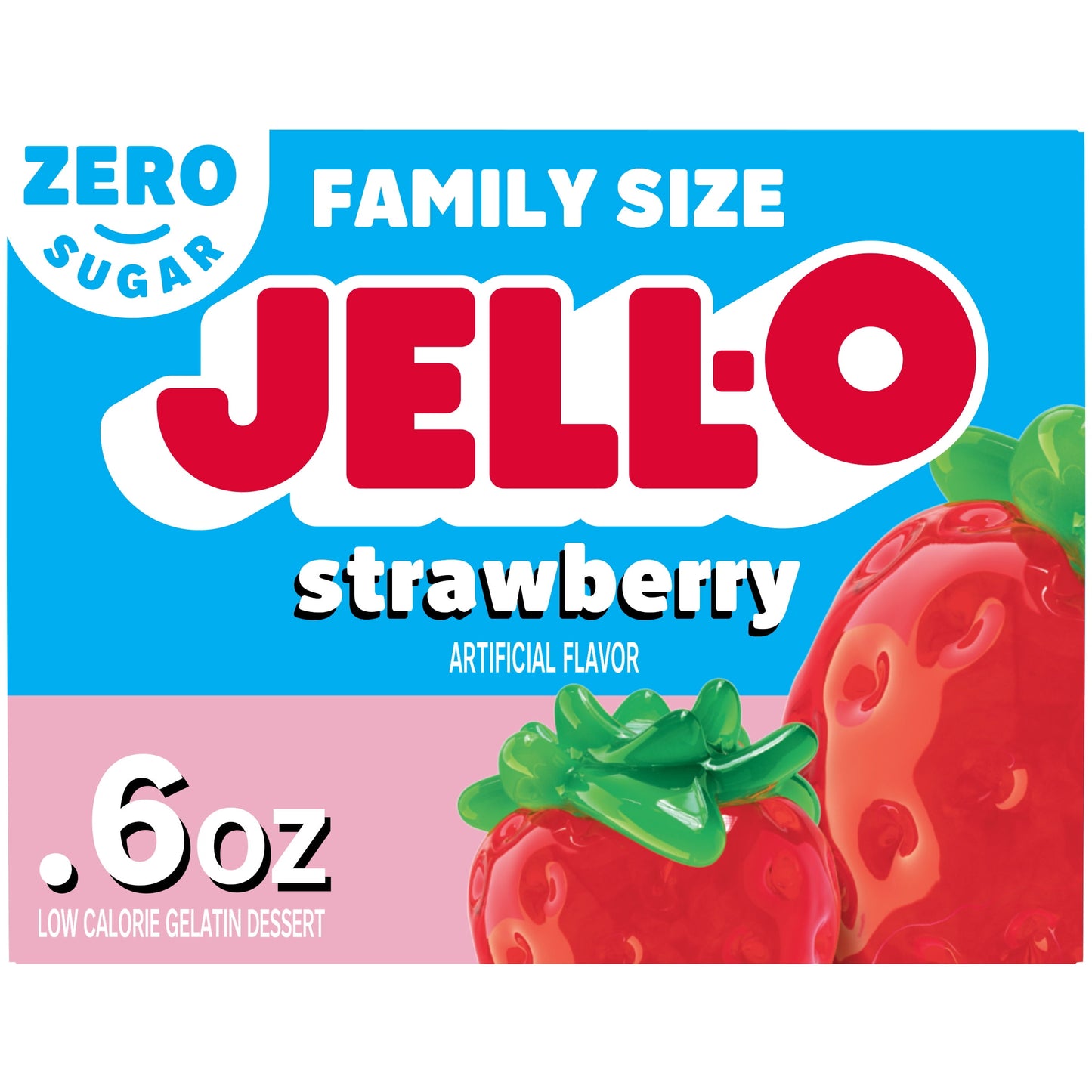 Jell-O Strawberry Artificially Flavored Zero Sugar Low Calorie Gelatin Dessert Mix, Family Size, 0.6 oz Box