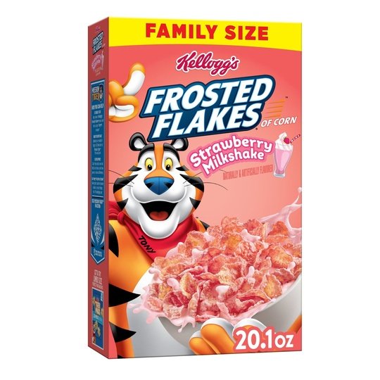 Kellogg's Frosted Flakes Strawberry Milkshake Breakfast Cereal, Family Size, 20.1 oz Box