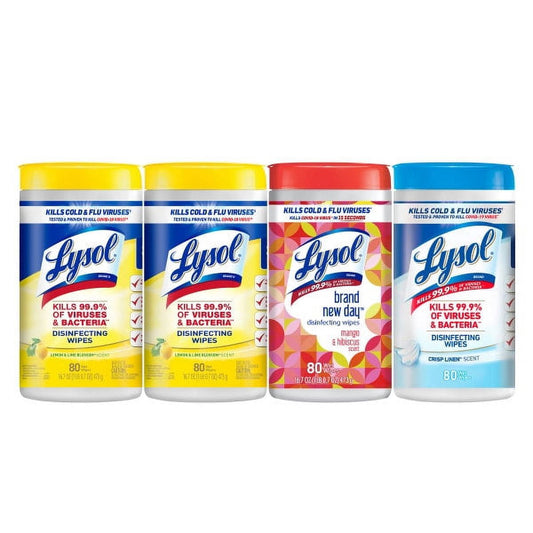 Lysol Disinfectant Wipes Bundle, Multi-Surface Antibacterial Cleaning Wipes, For Disinfecting & Cleaning, contains x2 Lemon & Lime Blossom (160ct) x1 Crisp Linen (80ct) & x1 Mango & Hibiscus (80ct)