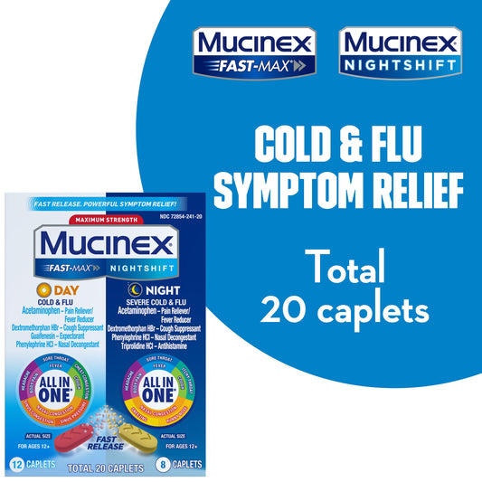 Mucinex All in One Fast Max, Cold and Flu Medicine, Day & Night Combo Pack (12 Day + 8 Night) Caplets