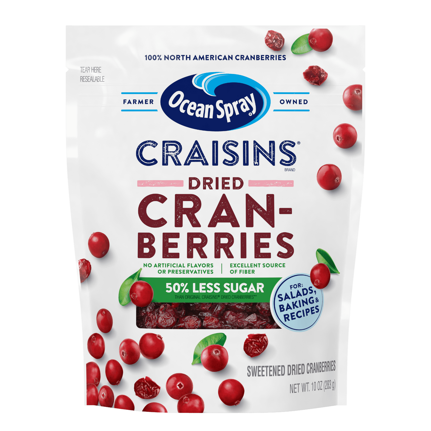 Ocean Spray® Craisins®, 50% Less Sugar Dried Cranberries, Dried Fruit, 10 oz Pouch