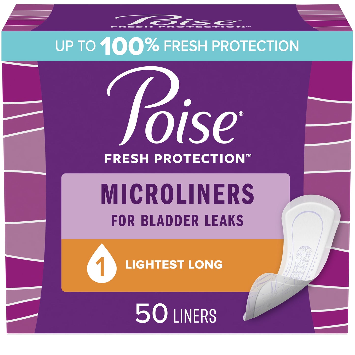 Poise Daily Microliners, Incontinence Panty Liners, 1 Drop, Lightest Absorbency, Long, 50Ct