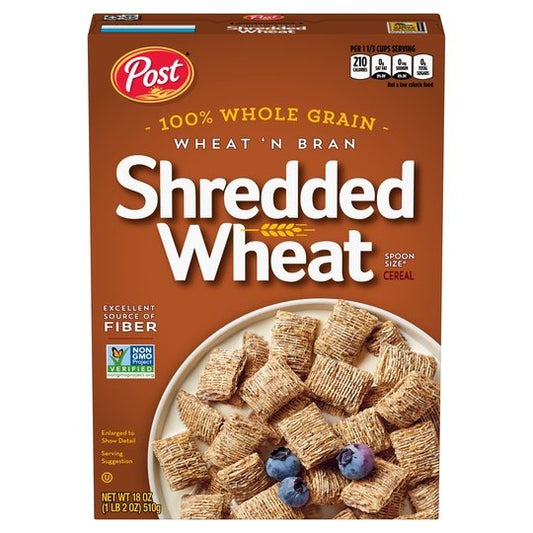 Post Wheat n Bran® Shredded Wheat, Breakfast Cereal, Excellent Source of Fiber, Kosher 18 Ounce – 1 count