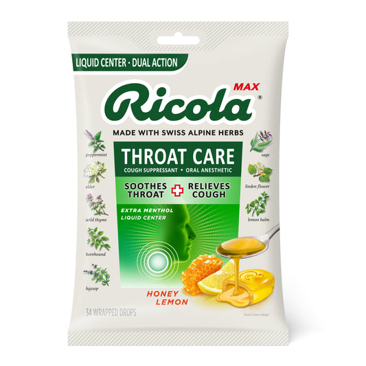 Ricola Max Throat Care Honey Lemon Cough Drops - 34 Count