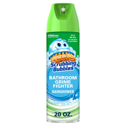 Scrubbing Bubbles Bathroom Grime Fighter Aerosol, Disinfectant Spray; Effective Tile, Bathtub, Shower and Overall Bathroom Cleaner (1 Aerosol Spray), Rainshower, 20 Oz