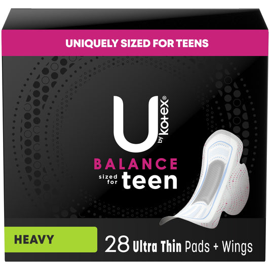 U by Kotex Balance Sized for Teens Ultra Thin Pads with Wings, Heavy Absorbency, 28 Count