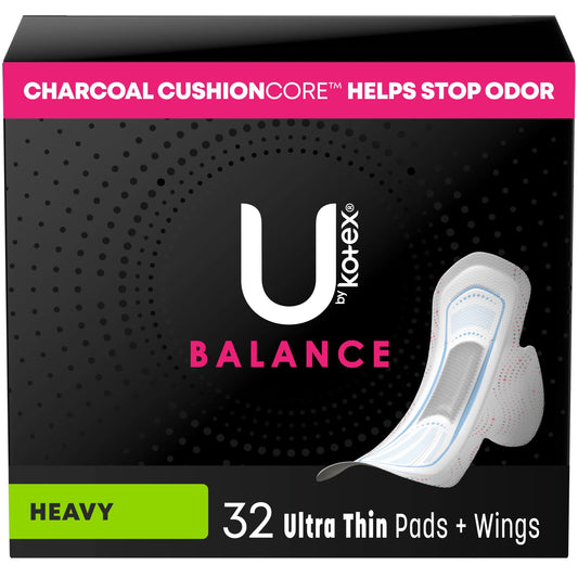 U by Kotex Balance Ultra Thin Pads with Wings, Heavy Absorbency, 32 Count