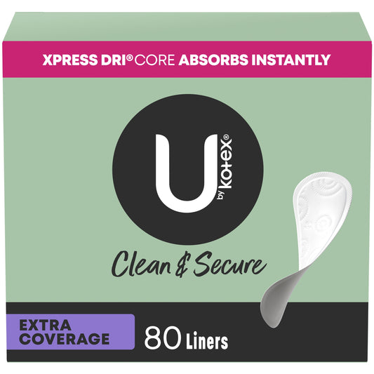 U by Kotex Clean & Secure Panty Liners, Light Absorbency, Extra Coverage, 80 Count