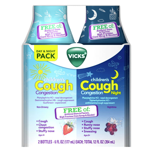 Vicks Children's Cough & Congestion, Liquid over-the-counter Medicine, Day & Night Twin Pack, 2x6 oz