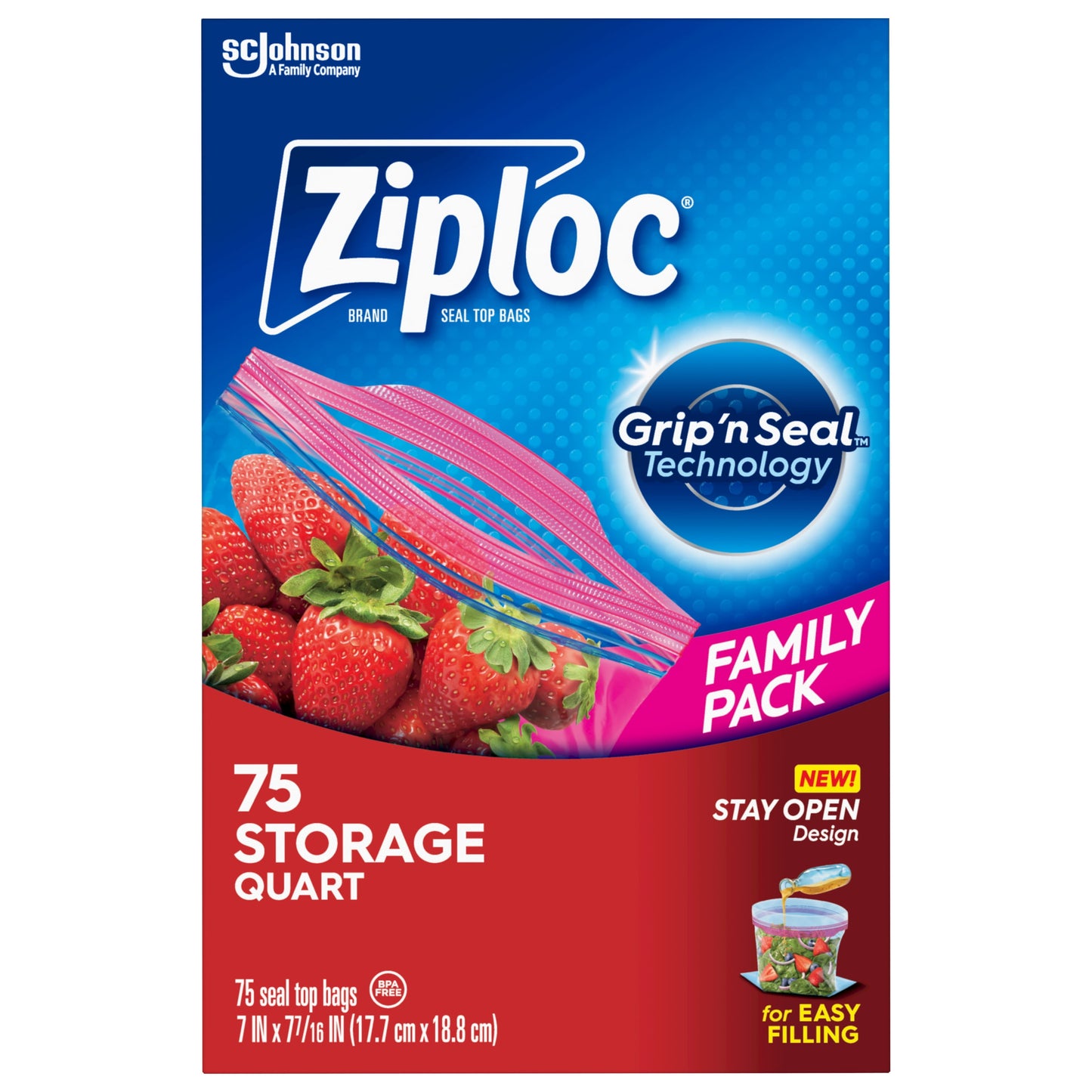 Ziploc® Brand Storage Bags with New Stay Open Design, Quart, 75 Count, Patented Stand-up Bottom, Easy to Fill Food Storage Bags, Unloc a Free Set of Hands in the Kitchen, Microwave Safe, BPA Free