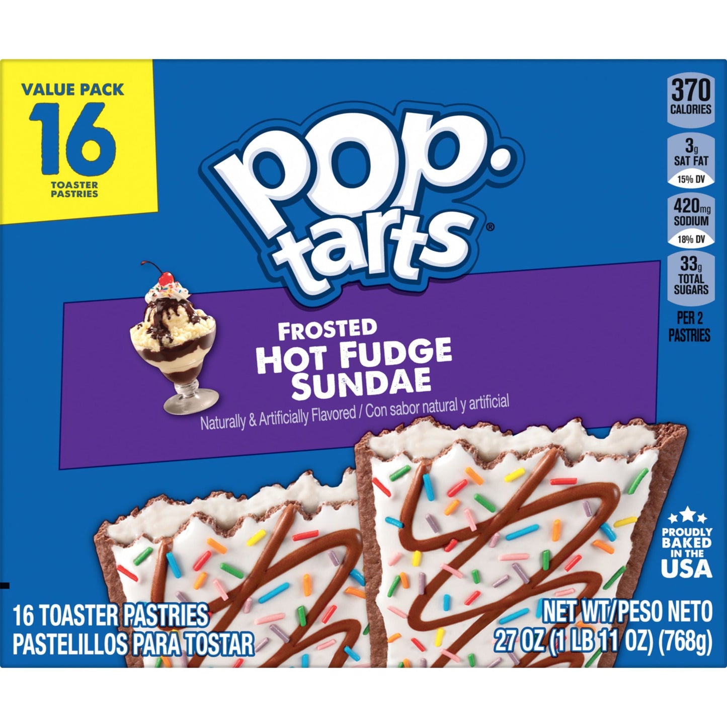 Pop-Tarts Frosted Hot Fudge Sundae Instant Breakfast Toaster Pastries, Shelf-Stable, Ready-to-Eat, 27 oz, 16 Count Box