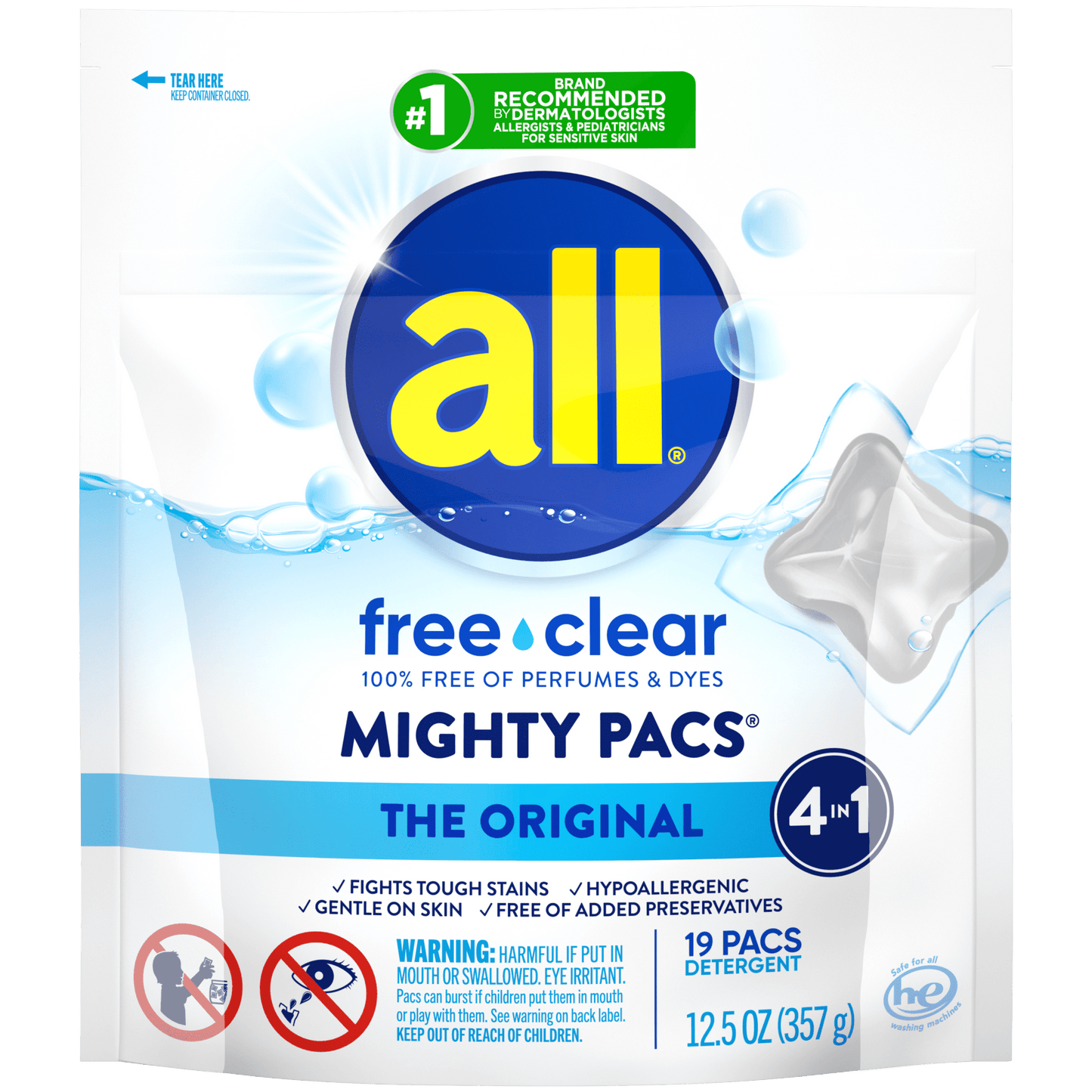 all Mighty Pacs Laundry Detergent Pacs, Free Clear for Sensitive Skin, Unscented and Dye Free, 19 Count