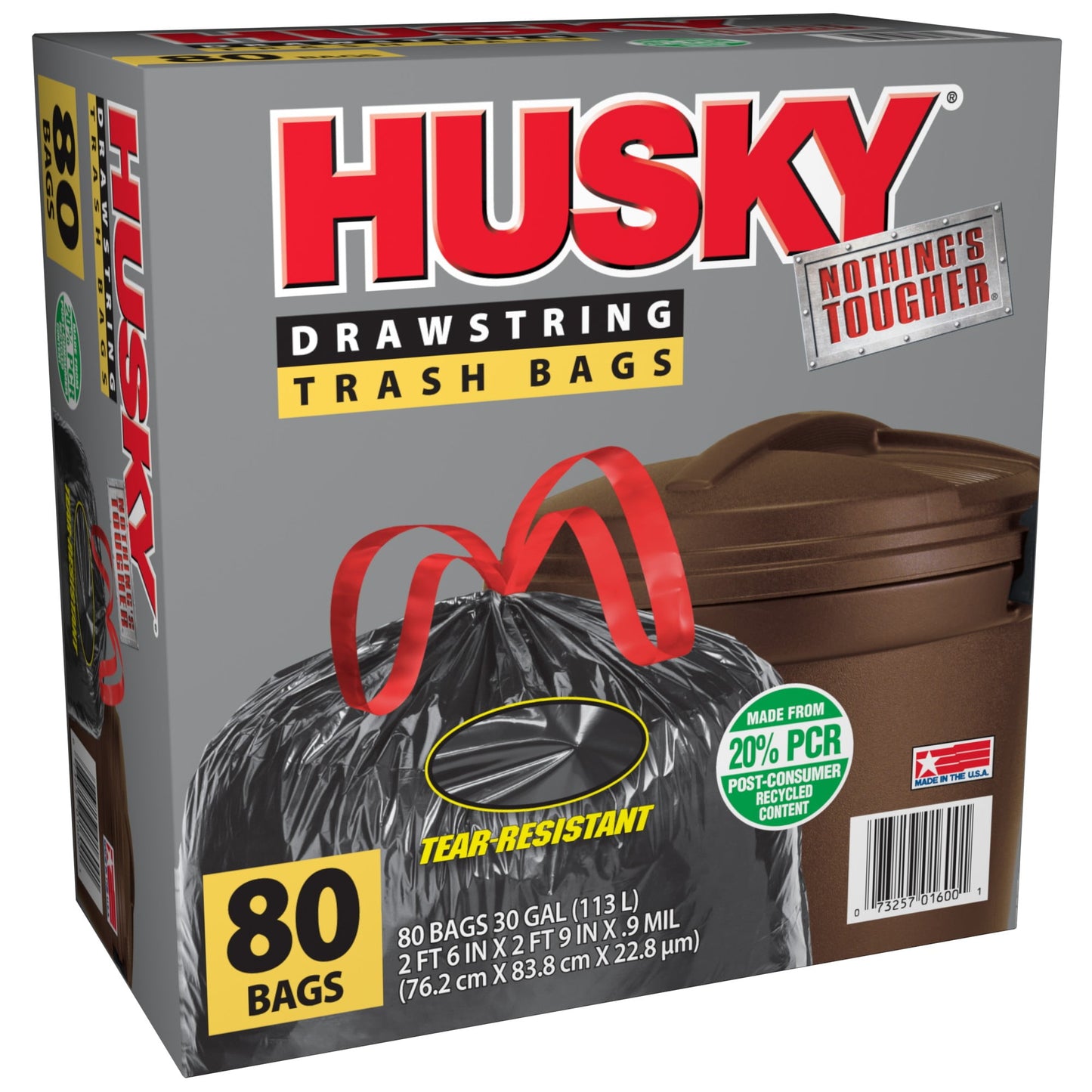 Husky Large Trash Bags, 30 Gallon, 80 Black Bags (Unscented, Tear-Resistant, Drawstring, 20% PCR)