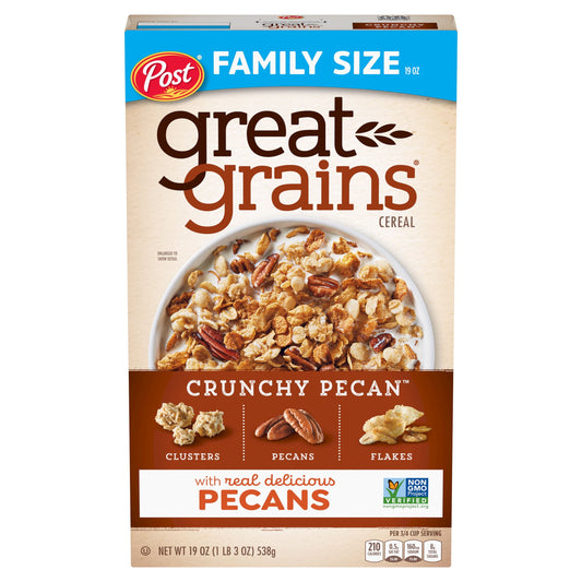 Post Great Grains Crunchy Pecan Breakfast Cereal, Non GMO Project Verified, Heart Healthy, Low Saturated Fat,  Whole Grain Cereal, 19 Ounce