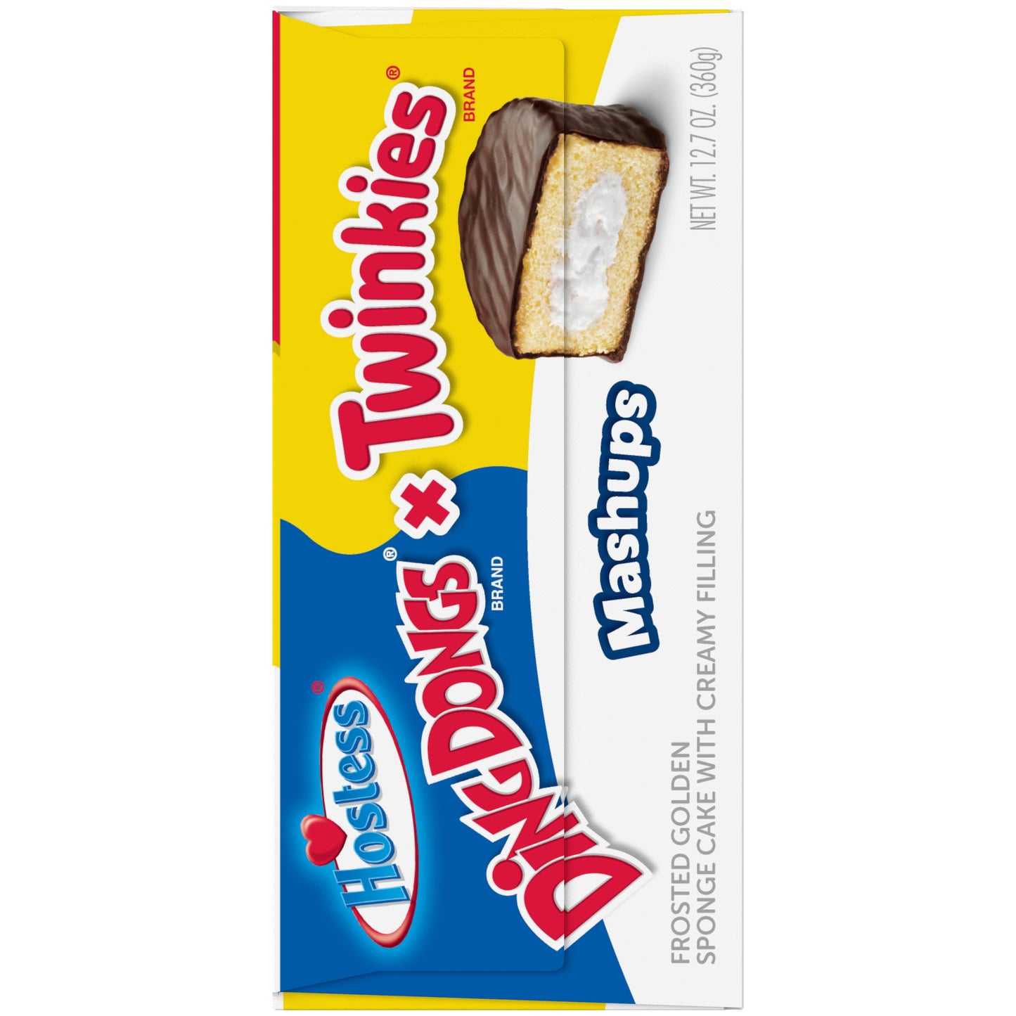 Hostess Ding Dong Twinkie Mash-Up 12.7oz 10 count.  Frosted Golden Sponge Cake with Creamy Filling