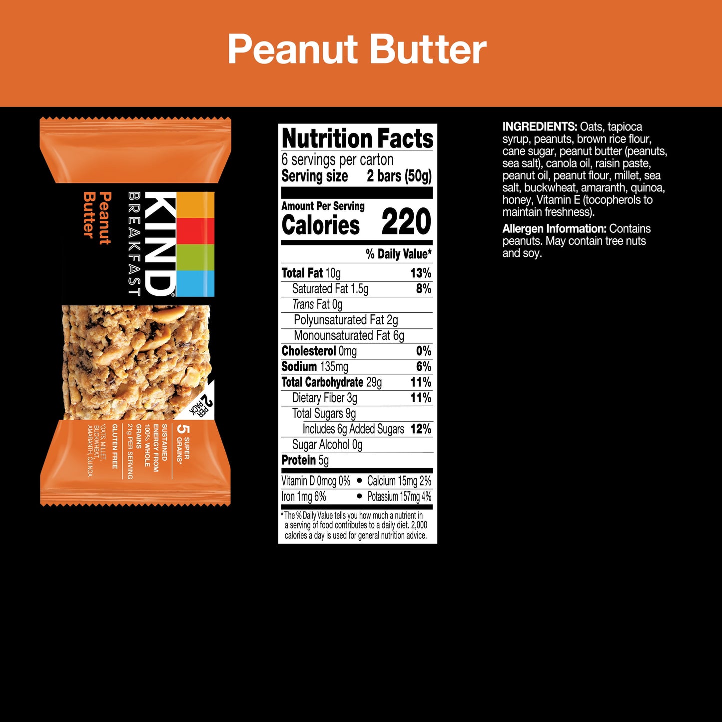 KIND Breakfast 100% Whole Grain Gluten Free Peanut Butter Snack Bars, 1.76 oz, 12 Count