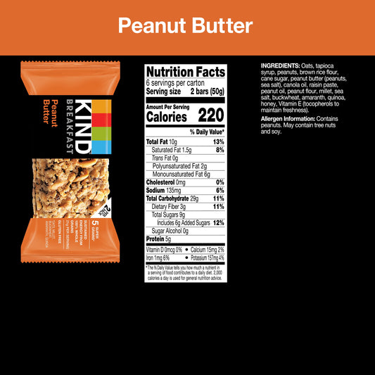 KIND Breakfast 100% Whole Grain Gluten Free Peanut Butter Snack Bars, 1.76 oz, 12 Count