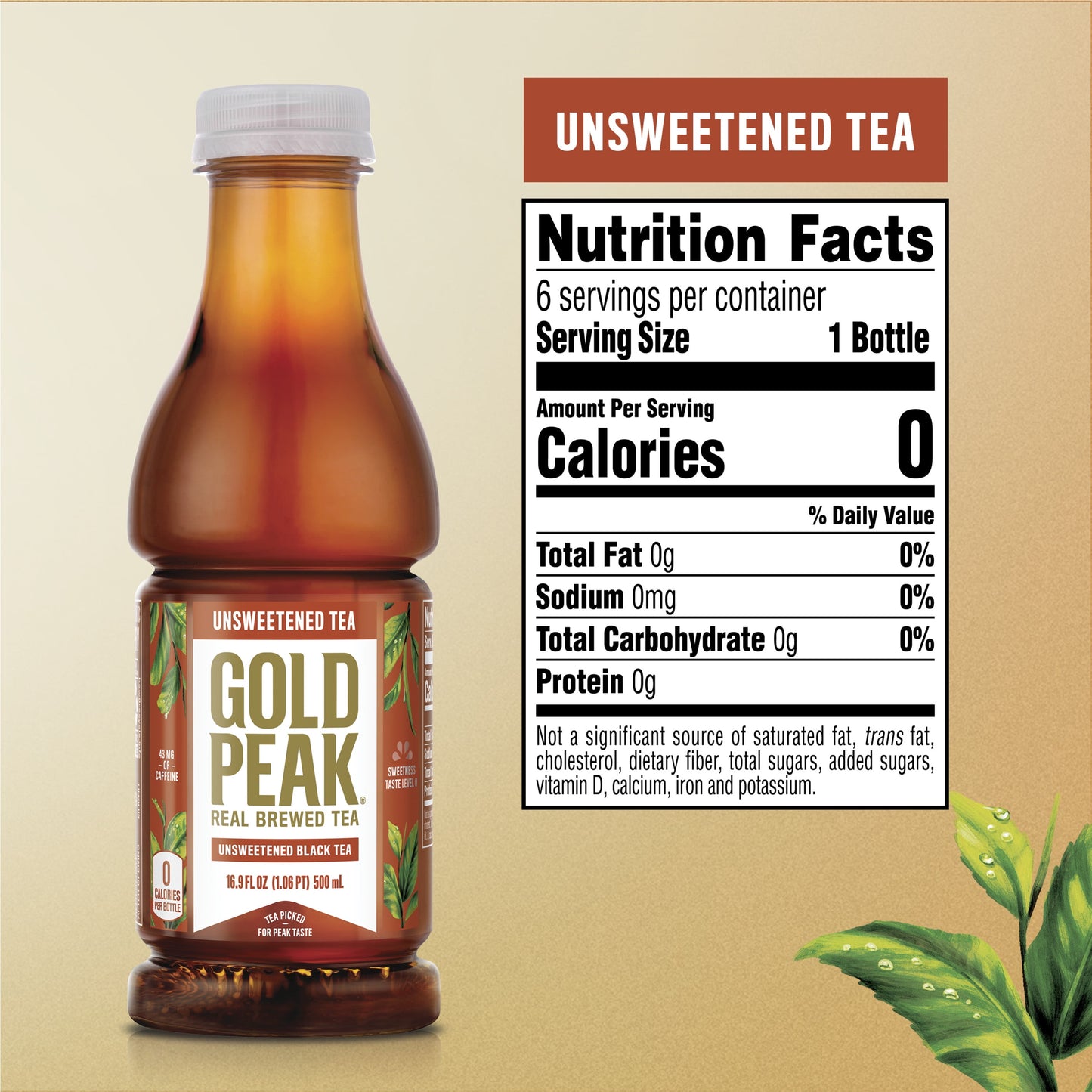 Gold Peak Real Brewed Tea Unsweetened, Black Iced Tea Drink, 16.9 fl oz, 6 Bottles