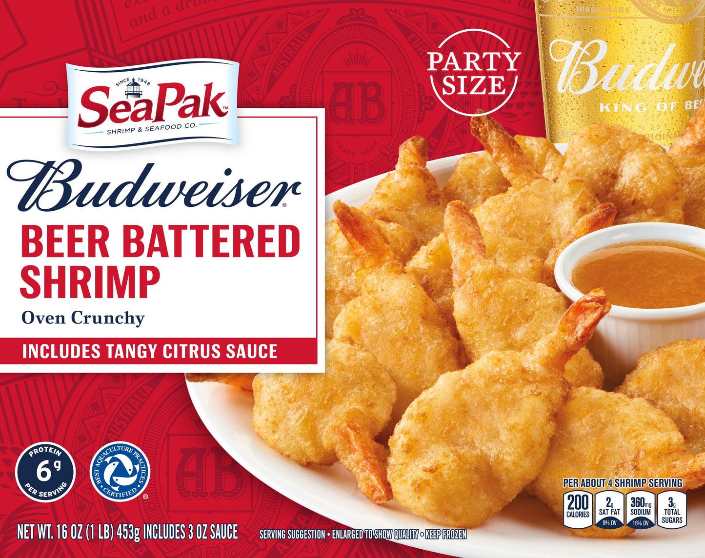 SeaPak Budweiser Beer Battered Shrimp, Oven Crunchy, Easy to Bake, Large, 16 oz (Frozen)