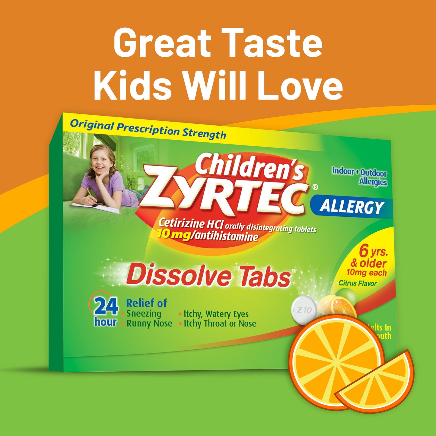 Children's Zyrtec 24 Hr Allergy Relief Dissolve Tablets, Citrus, 24Ct