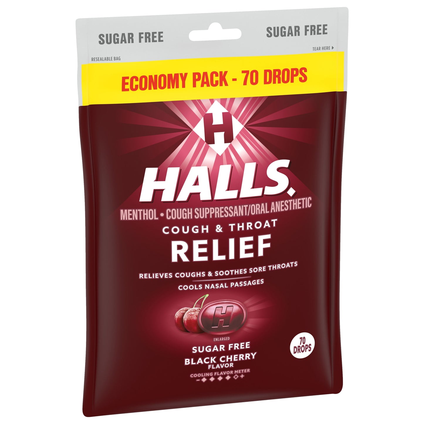 HALLS Relief Sugar Free Black Cherry Flavor Cough Drops, Economy Pack, 1 Bag (70 Drops)