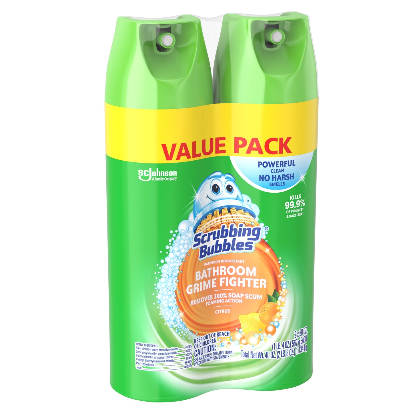 Scrubbing Bubbles Bathroom Grime Fighter Aerosol, Disinfectant Spray; Effective Tile, Bathtub, Shower and Overall Bathroom Cleaner (1 Aerosol Spray), Citrus, 20 Oz (Pack of 2)