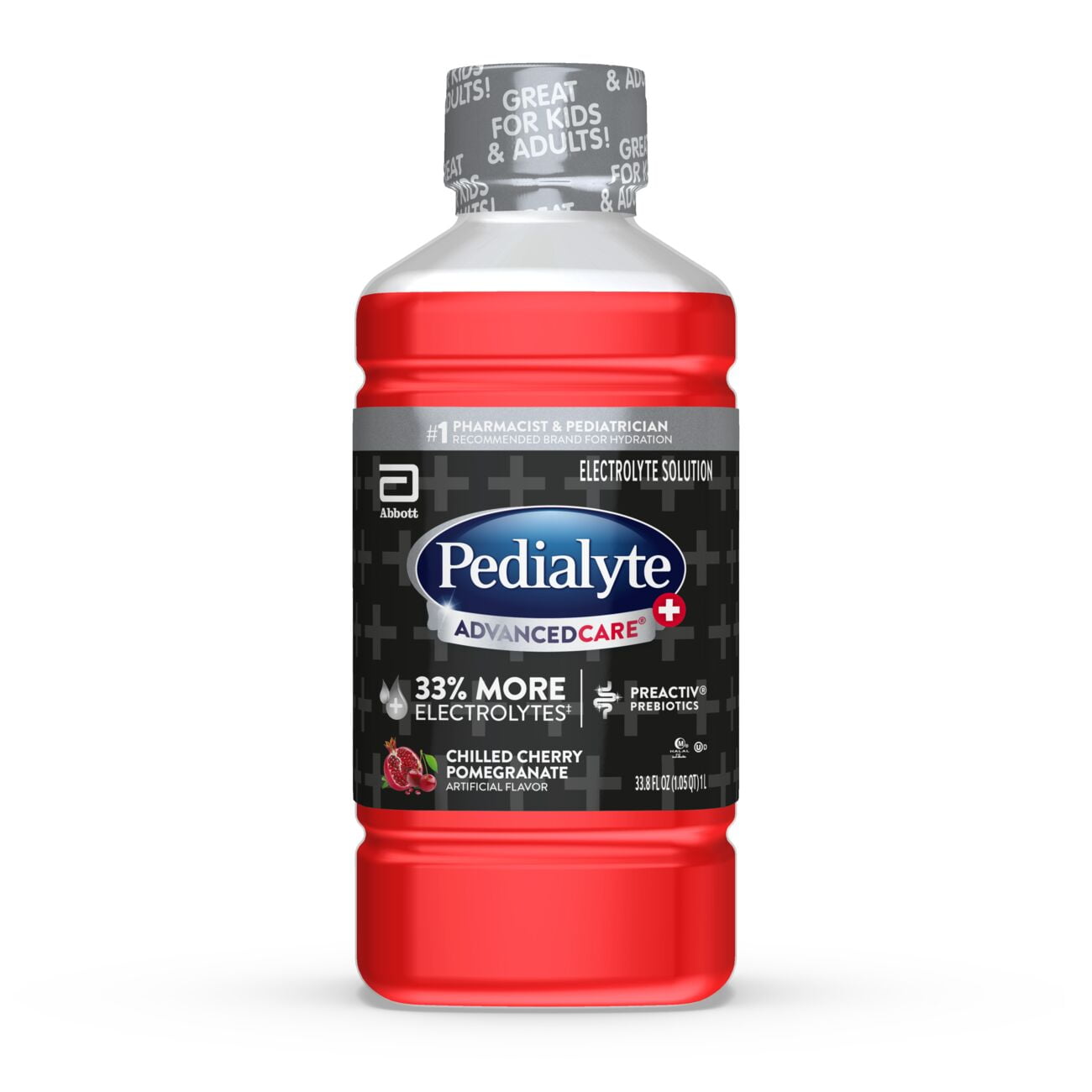 Pedialyte AdvancedCare Plus Electrolyte Drink, 1 Liter, with 33% More Electrolytes and has PreActiv Prebiotics, Chilled Cherry Pomegranate