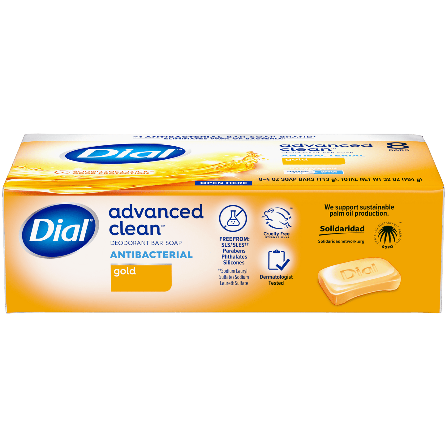 Dial Antibacterial Deodorant Bar Soap, Advanced Clean, Gold, 4 oz, 8 Bars