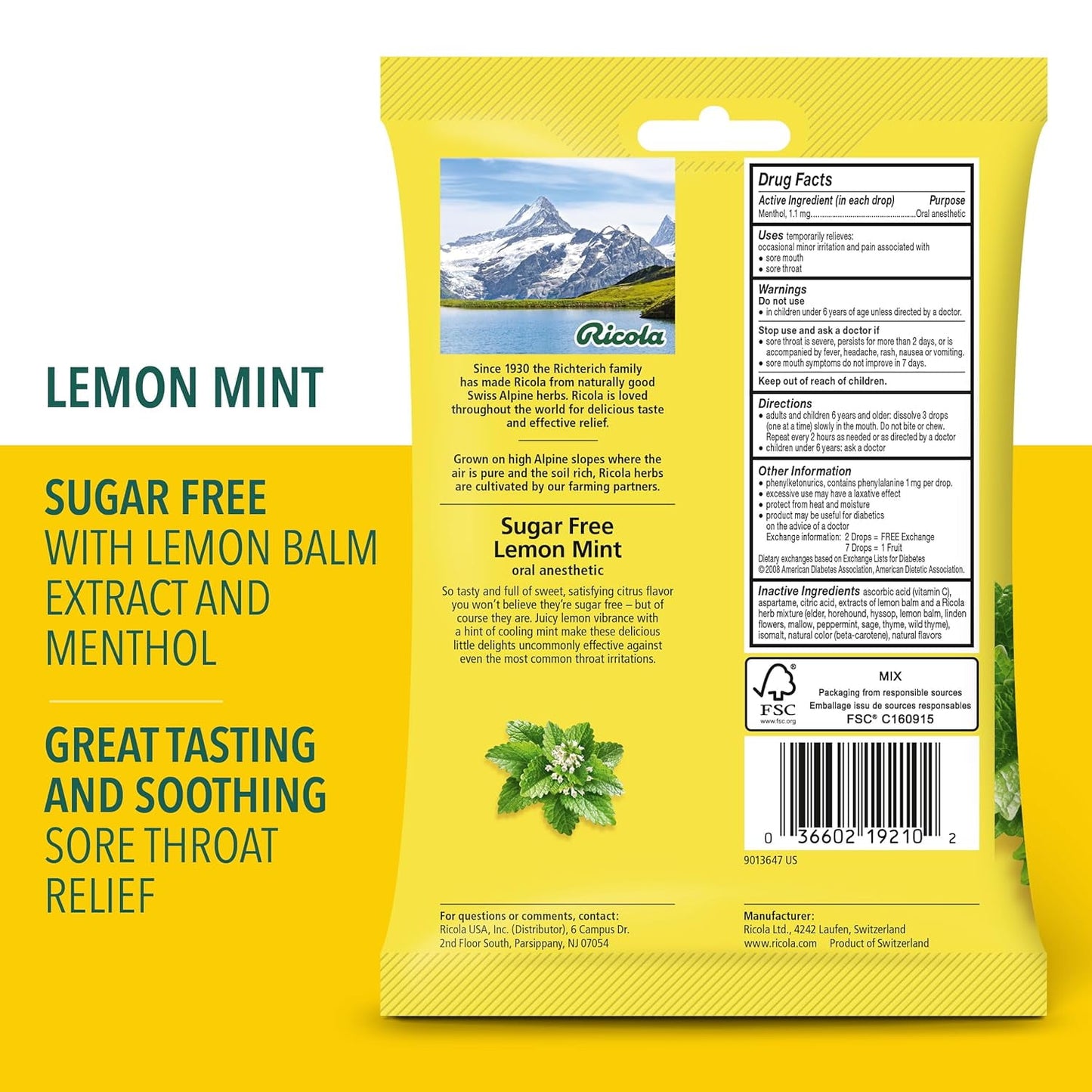 Ricola Sugar Free Lemon Mint Throat Drop - 19 Count