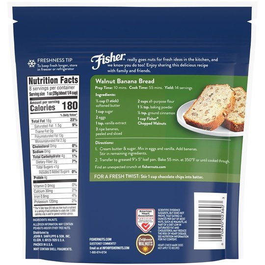 Fisher Chef's Naturals Gluten Free, No Preservatives, Non-GMO Chopped Walnuts, 8 oz Bag