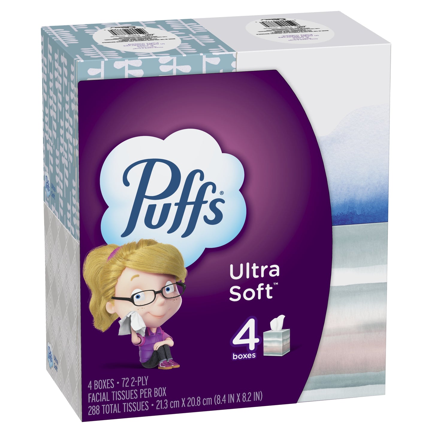 Puffs Ultra Soft Non-Lotion Facial Tissues, 4 Mega Cube Boxes, Purple, 72 Tissues per Box