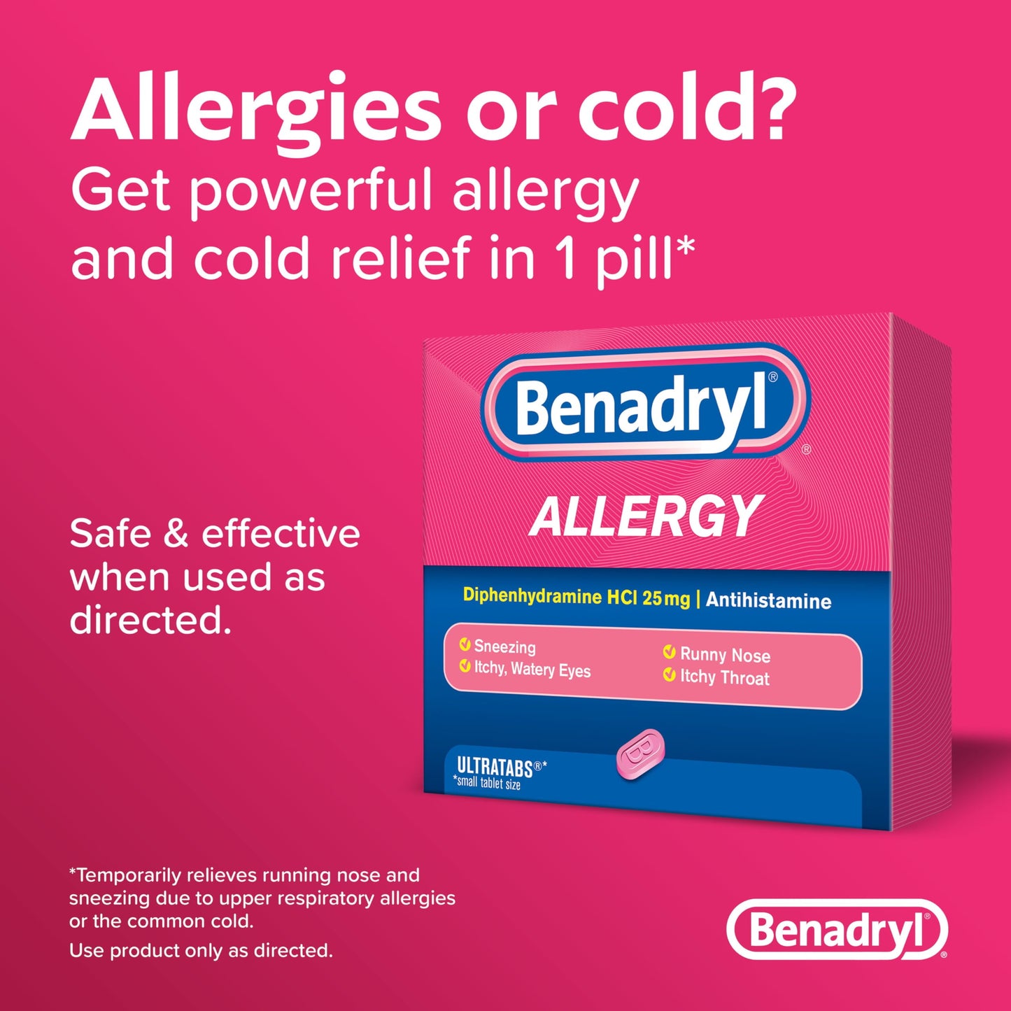 Benadryl Ultratabs Antihistamine Cold & Allergy Relief Tablets, 100Ct