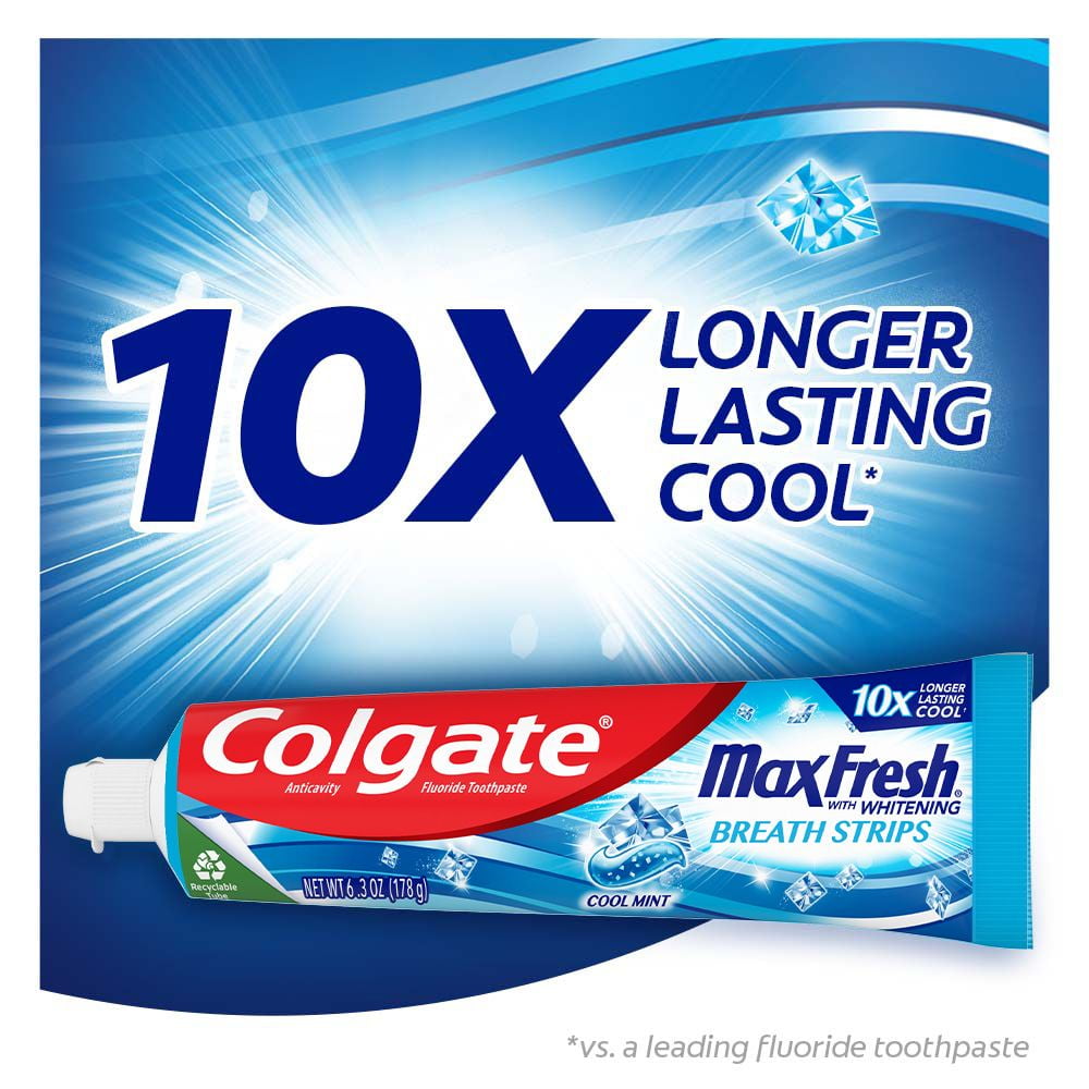 Colgate Max Fresh with Whitening Toothpaste with Mini Breath Strips, Cool Mint, 6.3 oz Tube, 3 Pack