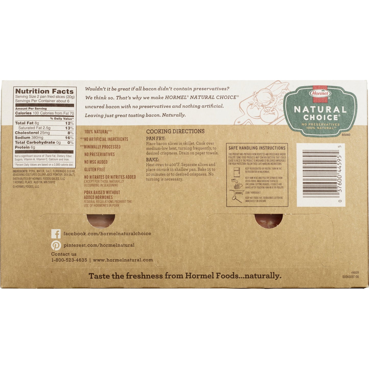 HORMEL NATURAL CHOICE Uncured Pork Bacon Original, 12 oz Plastic Package