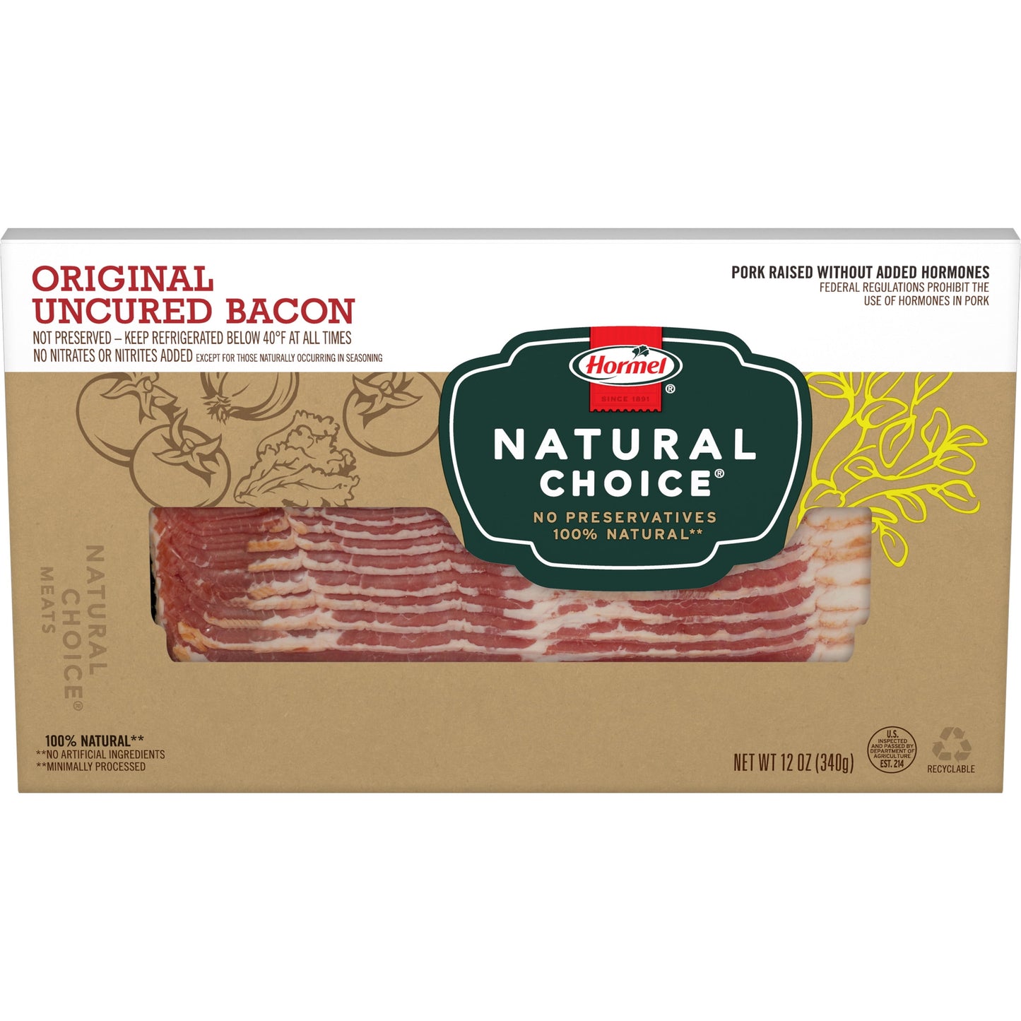 HORMEL NATURAL CHOICE Uncured Pork Bacon Original, 12 oz Plastic Package