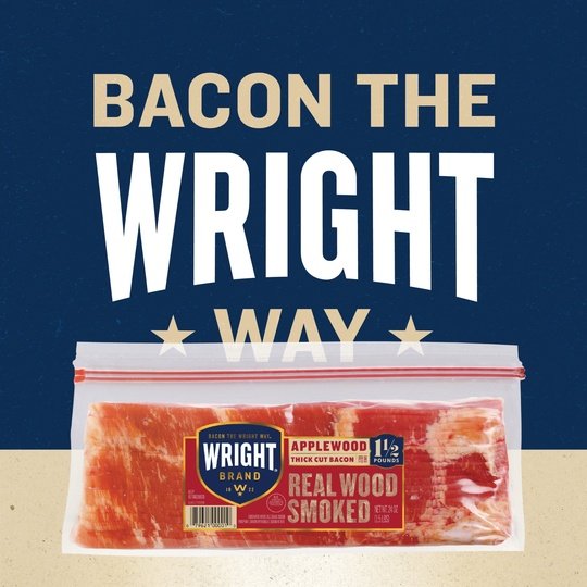 Wright Brand Thick Cut Applewood Real Wood Smoked Bacon, 1.5 lb