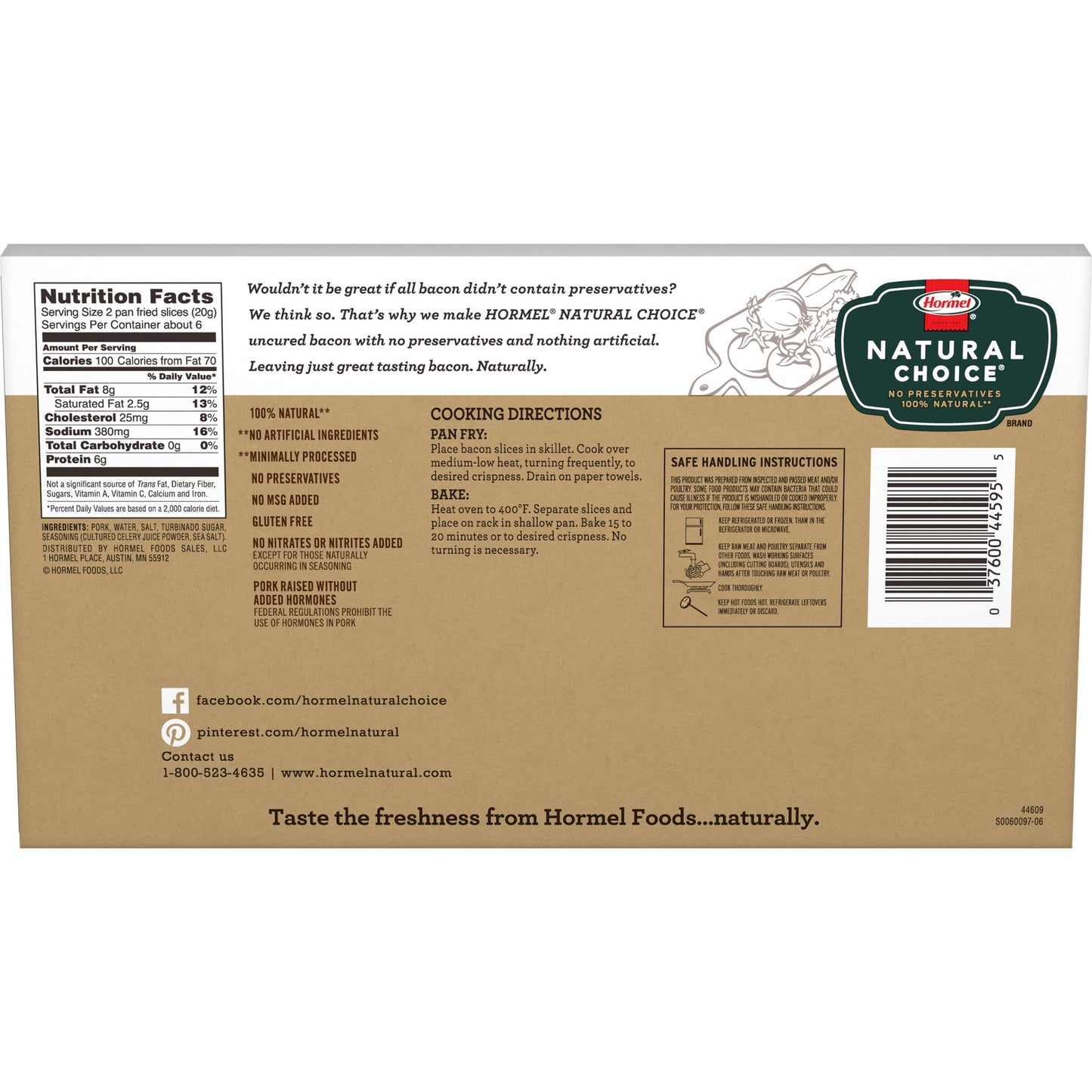 HORMEL NATURAL CHOICE Uncured Pork Bacon Original, 12 oz Plastic Package