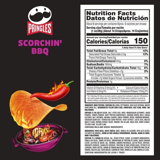 Pringles Scorchin' BBQ Potato Crisps Chips, 5.5 oz