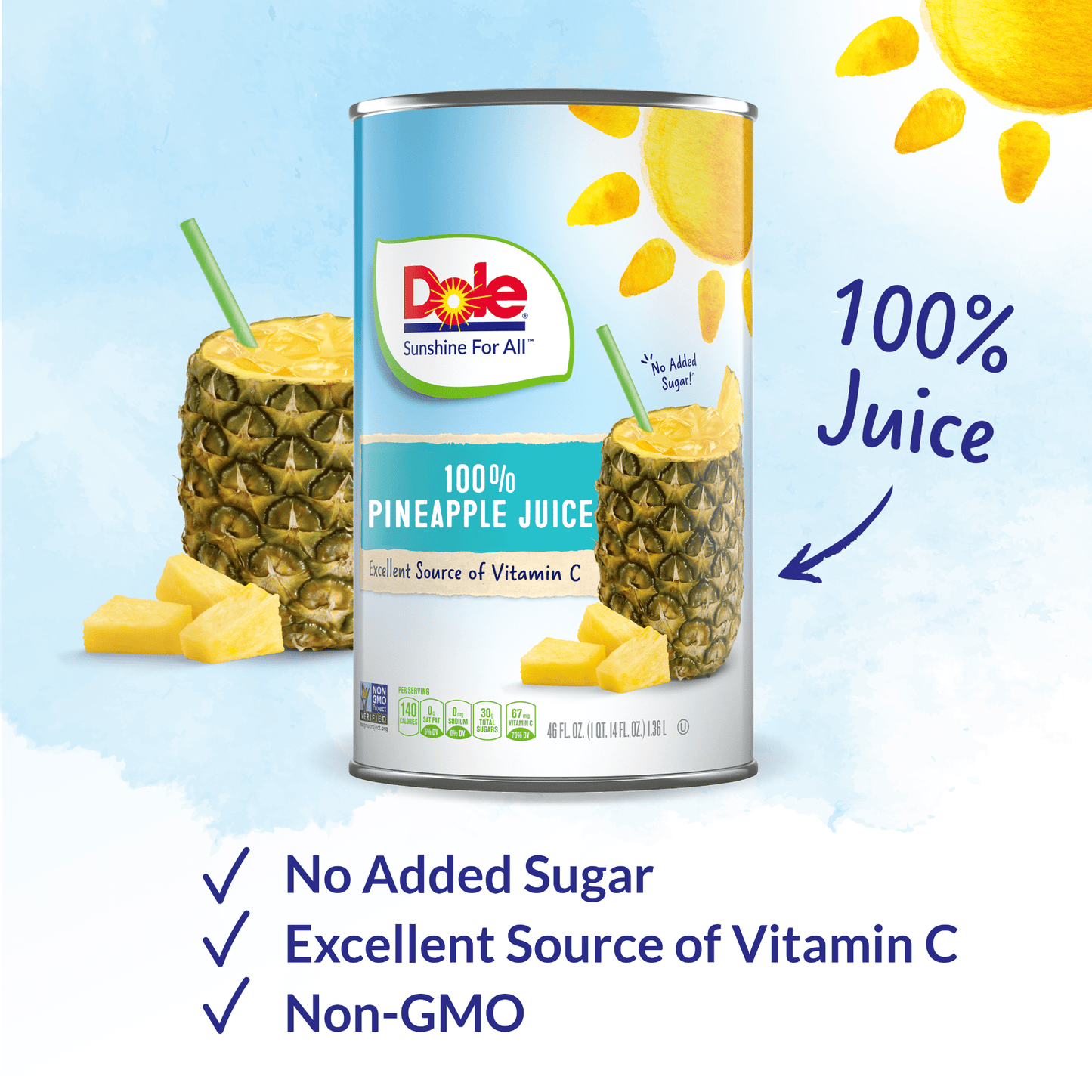 Dole All Natural 100% Pineapple Juice, 46 fl oz Can