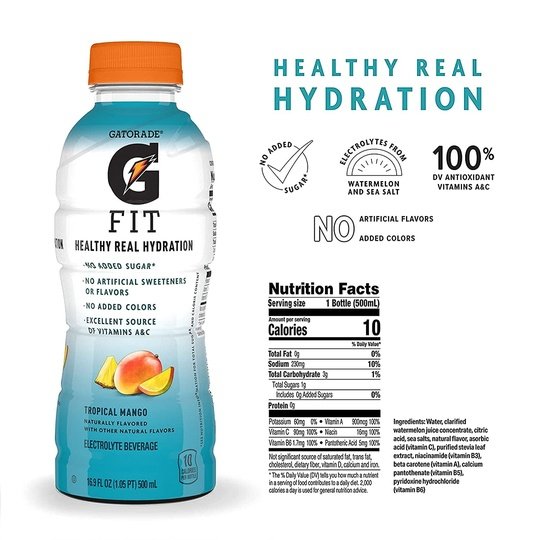 Gatorade Fit Electrolyte Beverage, Healthy Real Hydration, Tropical Mango, 16.9 oz Bottle