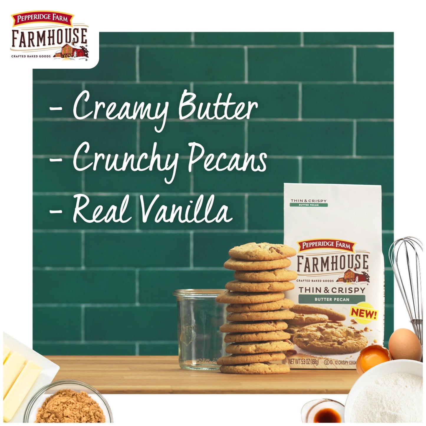 Pepperidge Farm Farmhouse Thin & Crispy Butter Pecan Cookies, 5.9 oz Bag