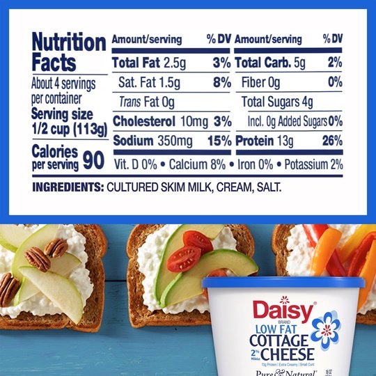 Daisy Pure and Natural Low Fat Cottage Cheese, 2% Milkfat, 16 oz (1 lb) Tub (Refrigerated) - 13g of Protein per serving