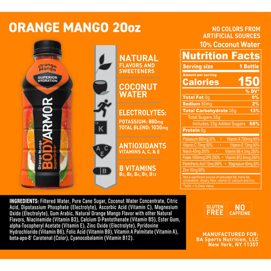 BODYARMOR Sports Drink Orange Mango, 20 fl oz, 6 Pack