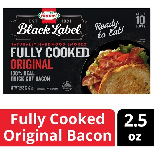 HORMEL BLACK LABEL Pork Bacon, Fully Cooked, 2.52 oz Plastic Package