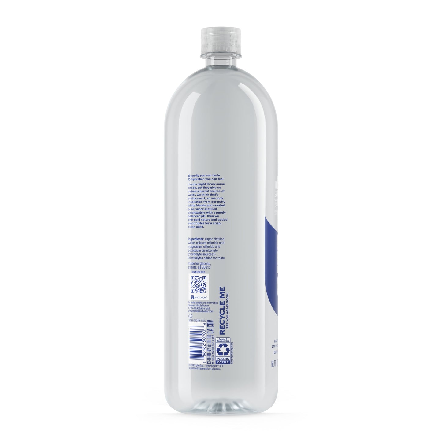 smartwater vapor distilled premium water, 1.5 liter, bottle